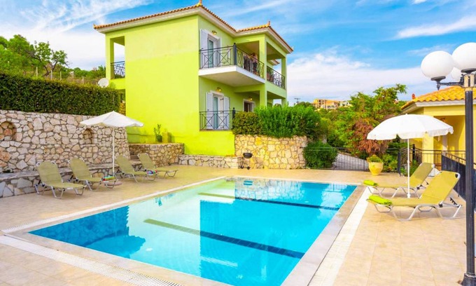 Skala Villa | Skala Villa Green: Large Private Pool, Walk to Beach, Sea Views, A/C, WiFi