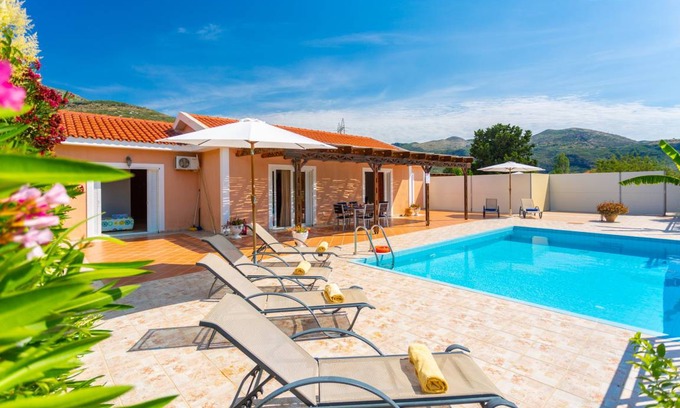 Kateleios Villa | Villa Peach: Large Private Pool, Walk to Beach, Sea Views, A/C, WiFi